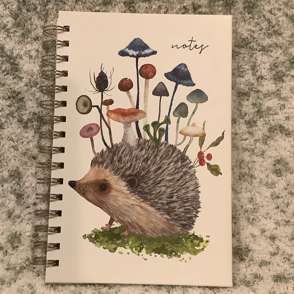 Hedgehog and Mushrooms Spiral Writers Journal Notebook NWT lined 6x8.75”